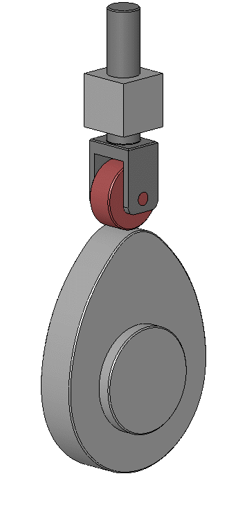 Animated 3-D view of a roller lash pad (in red) in an internal combustion engine.